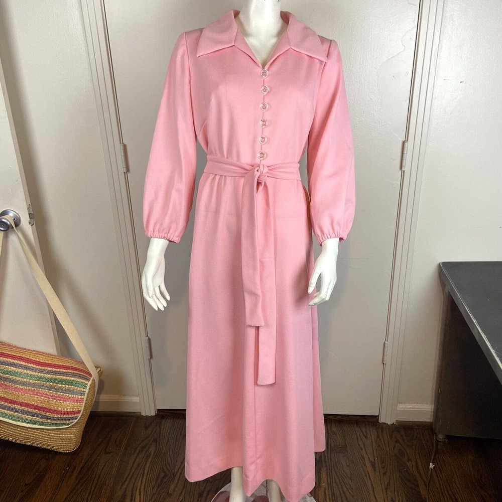Vintage 60s 70s Pink Polyester Wide Collar Hostess Maxi Dress XL XLarge